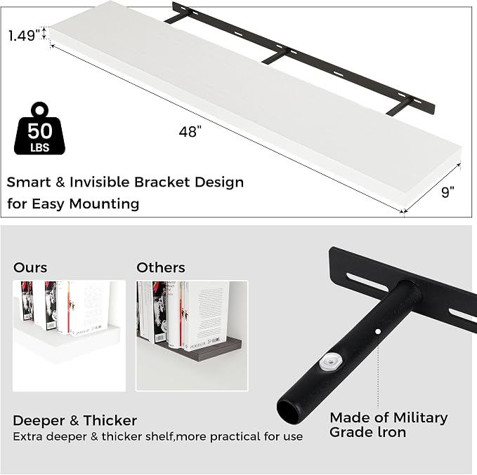 Venusmiles Floating Shelves for Wall 48 inch Long, Engineered Wood Wall Shelves with Invisible Brackets for Living Room Bedroom Bathroom Office Kitchen Decor and Storage, White Finish, Set of 2