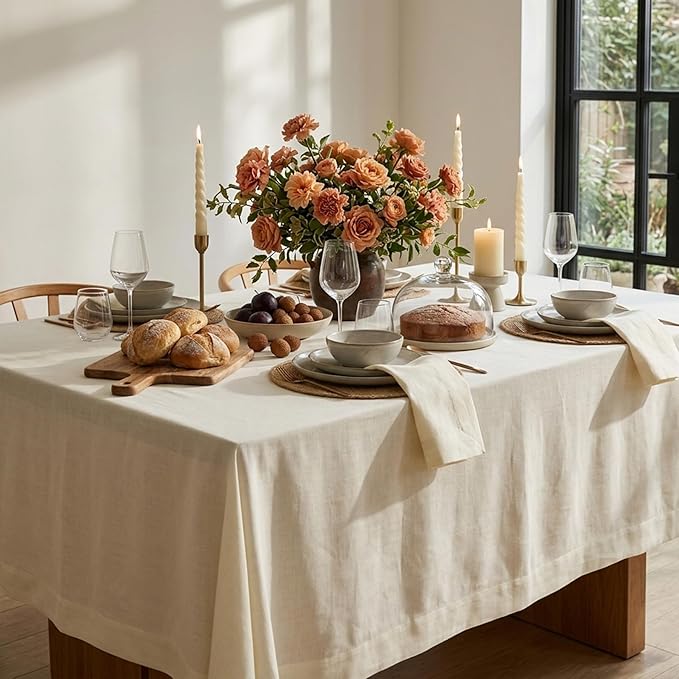 Solino Home Linen Ivory Tablecloth 60 x 108 Inch - 100% Pure Linen Rectangular Tablecloth - Machine Washable Table Cloth for Summer - Fete