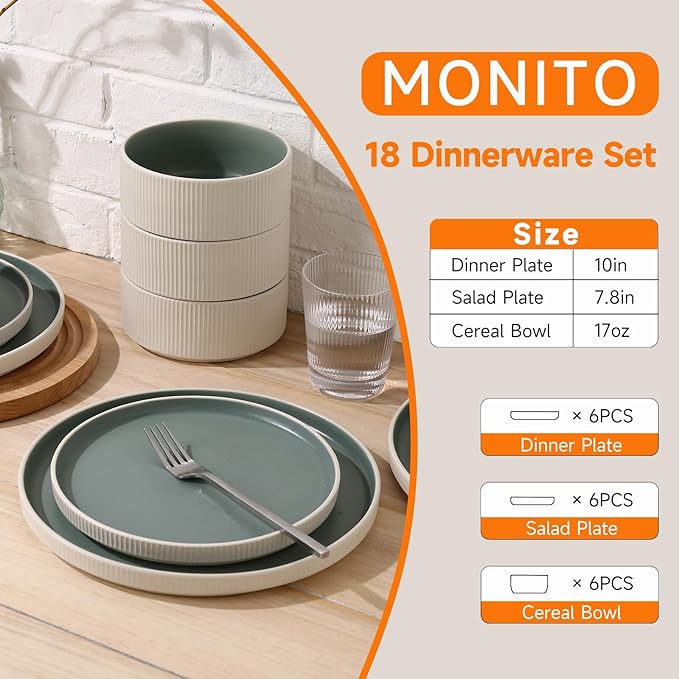 MONITO Ceramic Dinnerware Sets for 6, 18PCS Stoneware Plates and Bowls Sets, Reactive Glaze Dish Set, Chip and Scratch Resistant Double, Microwave and Dishwasher Safe, White Cyan