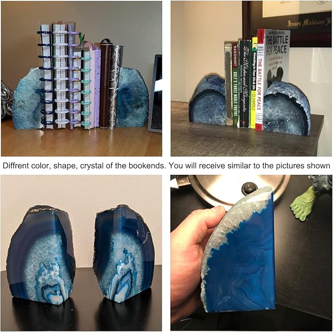 AMOYSTONE Natural Blue Agate Bookends, Heavy-Duty Multi-Purpose Book Ends for Shelves, Decorative Crystal Book Stopper, 4-6 LBS, Perfect for Office Bookcase