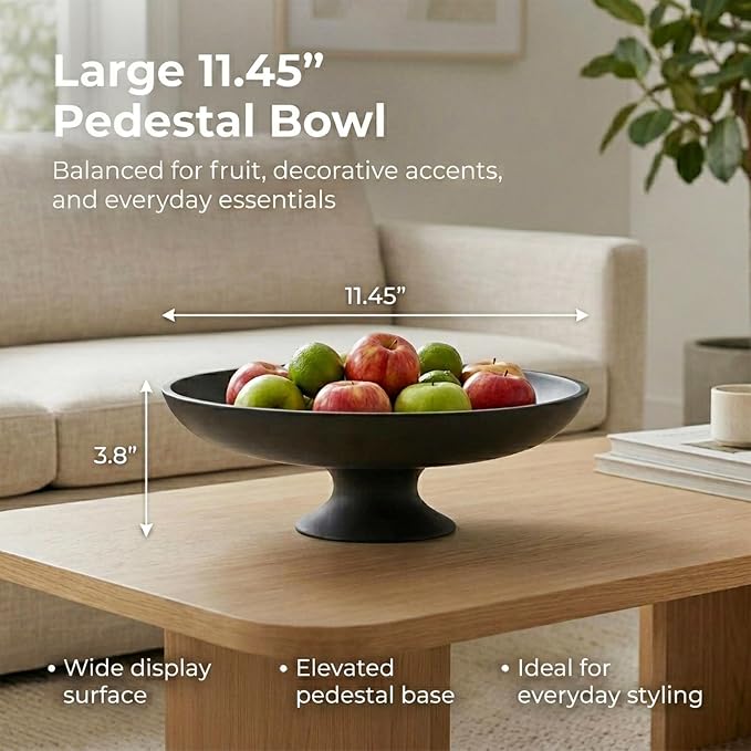 Black Concrete Fruit Bowl, Large Decorative Pedestal Bowl for Kitchen Counter, Modern Centerpiece Bowl for Coffee Table, Entryway Key Catch All Bowl, Black Home Decor