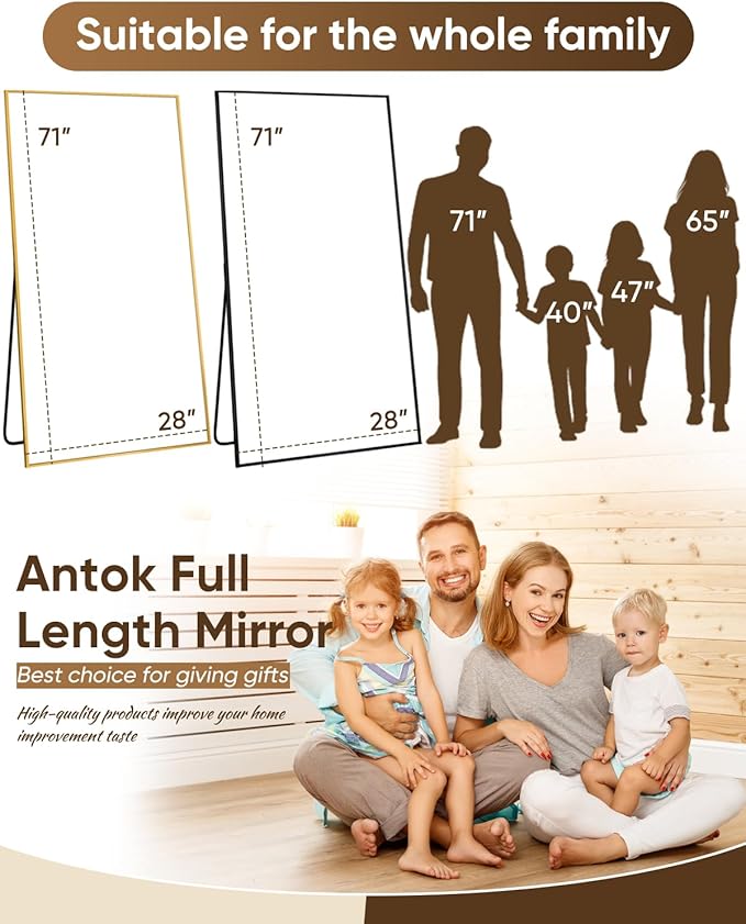 Antok Full Length Mirror, 71"x28" Floor Mirror, Floor Standing Freestanding Full Body Mirror with Stand for Bedroom, Hanging Mounted for Living Room Cloakroom, Gold