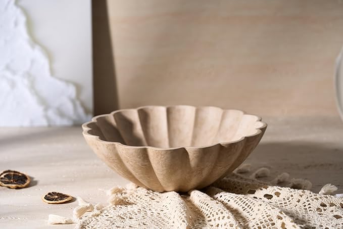 Large Decorative Bowl, Modern Storage Bowls for Home Decor, Artificial Stone Beige Color, Stylish Decorative Fruit Bowl for Kitchen Counter, Key Bowl for Entry Table, Ruffle Decor