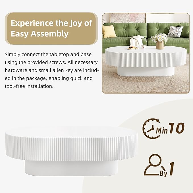 Merax Modern 43.3" W Oval Coffee Table with Sturdy Base, Wood Center Tables for Living Room Reception Room, Easy Assemble, White