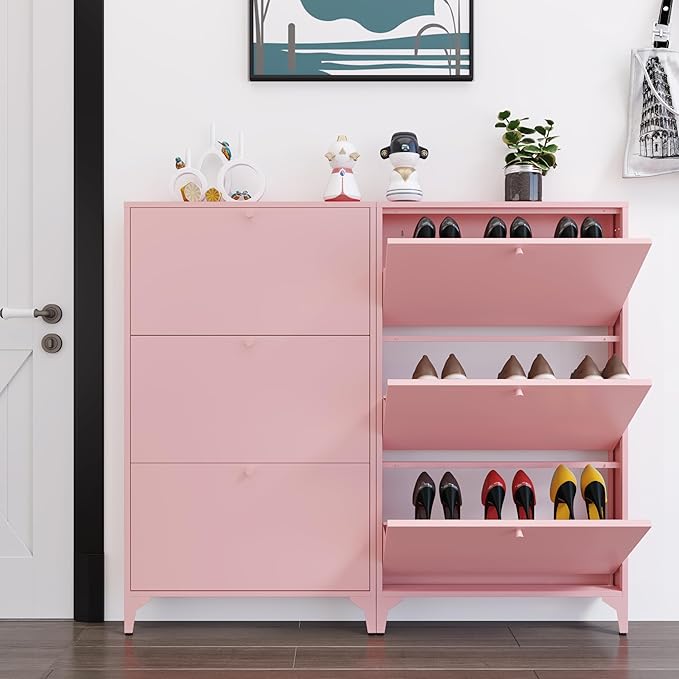 Shoe Storage Cabinet for Entryway with 3 Flip Drawers, Freestanding Shoe Organizer with Legs,Farmhouse Narrow Shoe Storage Cabinet for Entryway, Foyer,Living Room (3 Doors(Width 27.5), Red)