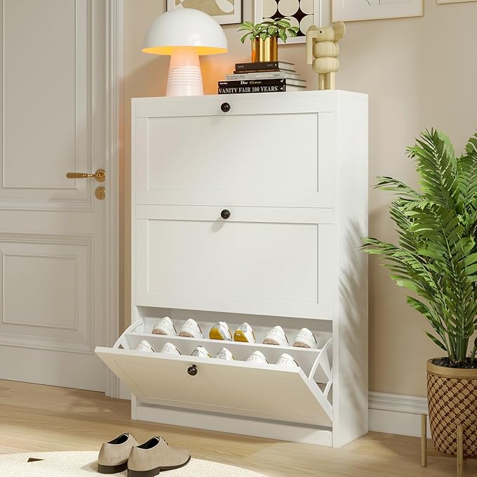 VOWNER Shoe Storage Cabinet with 3 Flip Drawers, Freestanding Shoe Cabinet with Adjustable Shelf & Anti-Tipping Device, Slim Shoe Rack for Entryway, Hallway, Living Room, White (White)