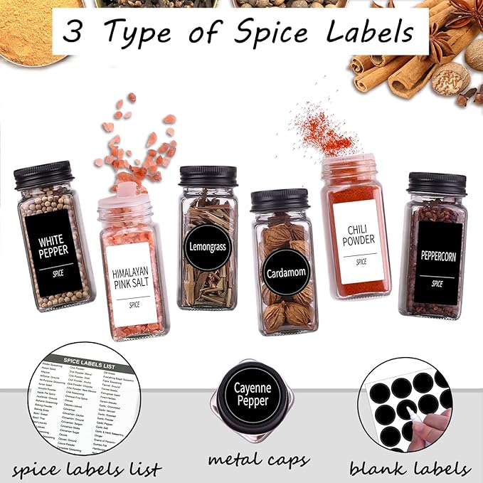 Churboro 25 Spice Jars with 547 Labels- Glass Spice Jars with Black Metal Caps, 4oz Empty Spice Containers with Shaker Lids, Funnel, Chalk Pen, Square Seasoning Bottles for Spice Rack, Drawer, Cabinet
