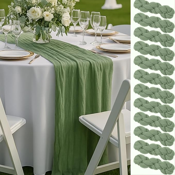 12 Pack Sage Green Cheesecloth Table Runners – 10FT Rustic Gauze Bulk Set for Wedding Reception, Woodland Baby Shower, Garden Party, or Boho Spring Event Decor