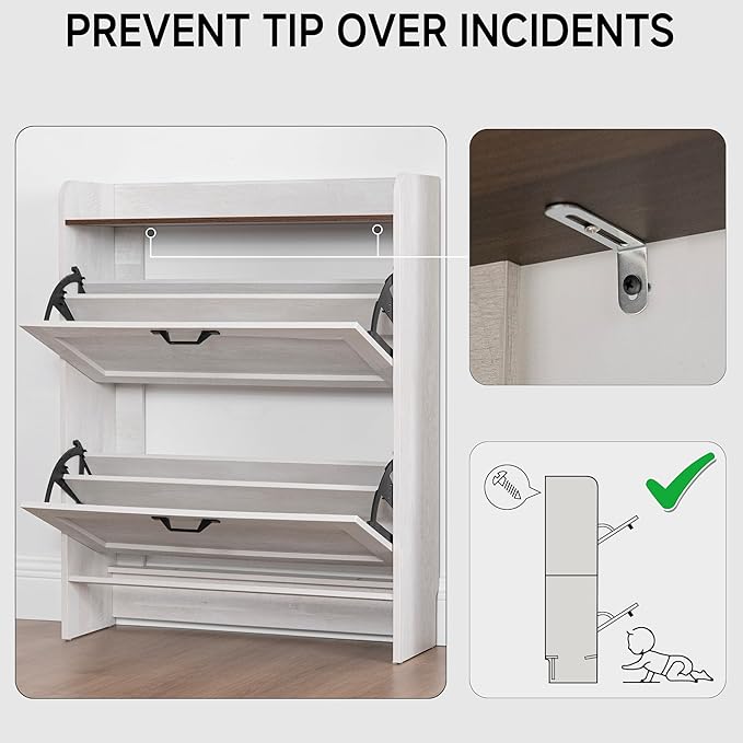 Narrow Shoes Storage Cabinet, Entryway Storage with 2 Flip Drawers, Farmhouse Shoe Organizer with Removable Shelves, Anti-Drop Top Fence, 40.4H x 31.4W (Warm White Grayish)