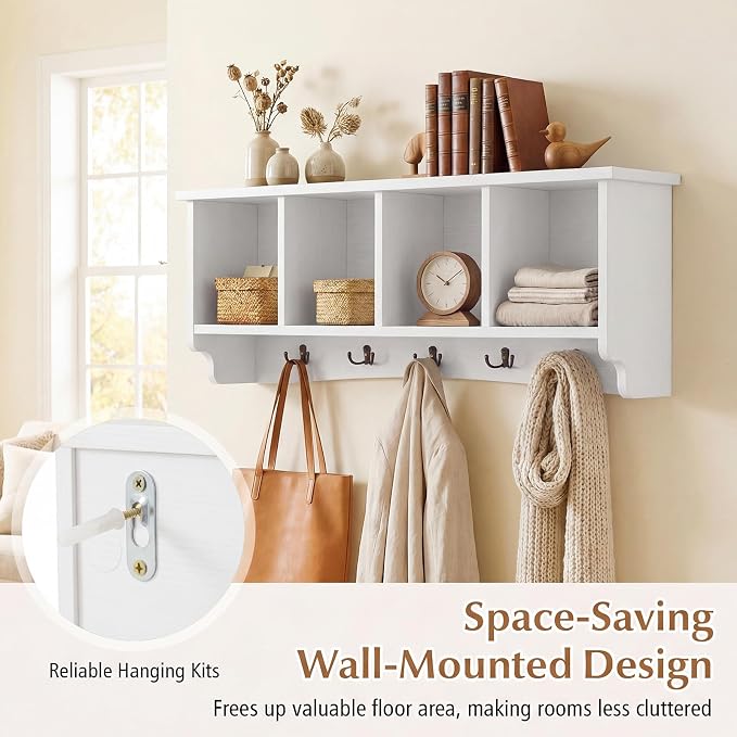 Giantex Wall Mounted Coat Rack, 28.5'' Wooden Floating Shelf with 4 Cubbies & 5 Double Hooks, Modern Space-Saving Storage Display Organizer for Entryway, Hallway, Mudroom (White)