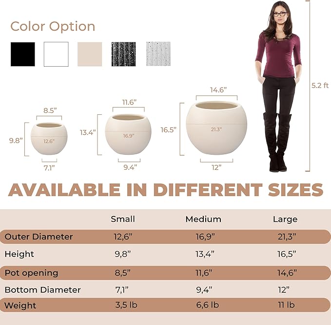 Marlo Fiberstone Round Planter (8.5" Pot Opening x 12.6" D x 9.8" H) Smooth Finishes, Lightweight, Durable, UV Resistant, Modern Minimalist Home Decor, Indoor Outdoor Pot (S, Cream White)