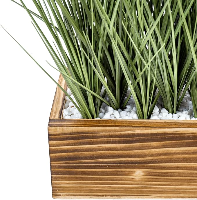 MyGift Artificial Grass Plants in Rustic Burnt Solid Wood Planter Box, 12 Inch Decorative Wooden Container with Faux Greenery Plant, Indoor Table Decor