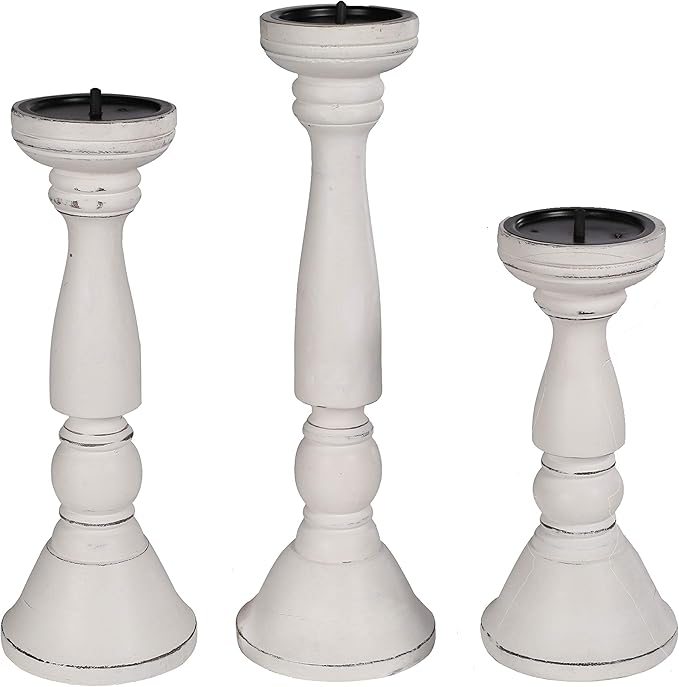 Set of 3 White Antique Farmhouse Wood Pillar Candle Holders - Tall Rustic Candle Holders for Home Decor, Centerpieces, and Weddings, Heights: 16", 14", 12"