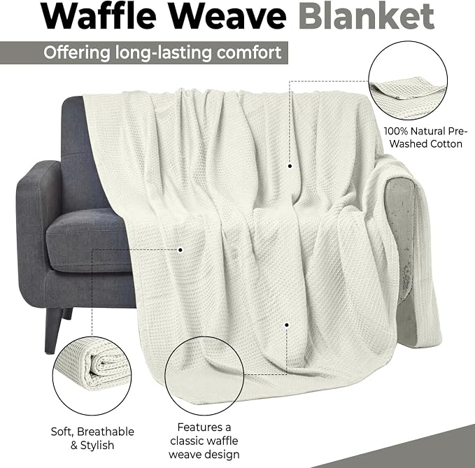 100% Cotton Blankets for Bed - Waffle Weave Blankets for Summer, Lightweight and Breathable Soft Woven Blanket for Spring (Cream, Twin (60" x 90"))