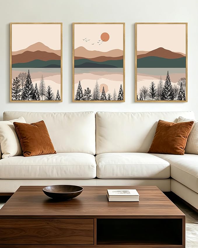 PHOPAGO Mountain Laker Landscape Framed Wall Art Large 16x24in Boho Nature Artwork Paints Bohemain Farmhouse Rustic Living Room Bedroom Decor - Natural Framed