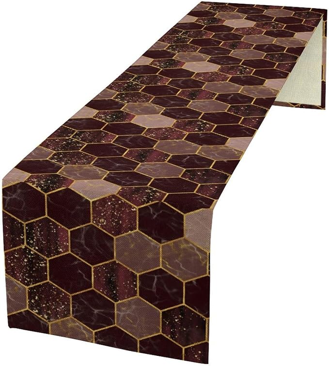 Hexagon Marble Table Runner, Luxury Wine Red Abstract Geometry Gold Accent Table Runner for Kitchen Dining Home Party Wedding Decor, 13x90 Inch
