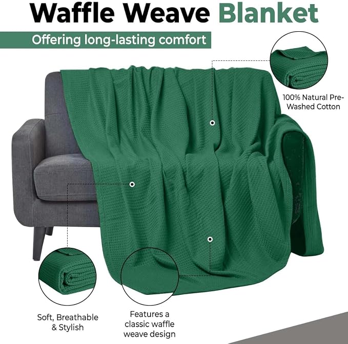 100% Cotton Blankets for Bed - Waffle Weave Blankets for Summer, Lightweight and Breathable Soft Woven Blanket for Spring (Dark Green, King (90" x 108"))