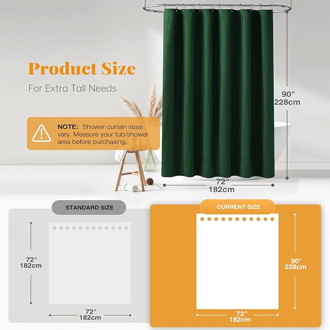 BTTN Extra Long Green Shower Curtain, 90 Inch Linen Textured Heavy Duty Waterproof Shower Curtain Set with 12 Plastic Hooks, Tall Spa Simple Thick Fabric Shower Curtains for Bathroom, 72x90, Emerald