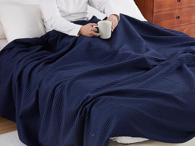 100% Egyptian Cotton Waffle Weave Throw Blanket for Bed Couch Sofa Home Decor, Soft Lightweight Bed & Couch Blanket for All Seasons (Navy Blue - Twin Size - 66 * 90")