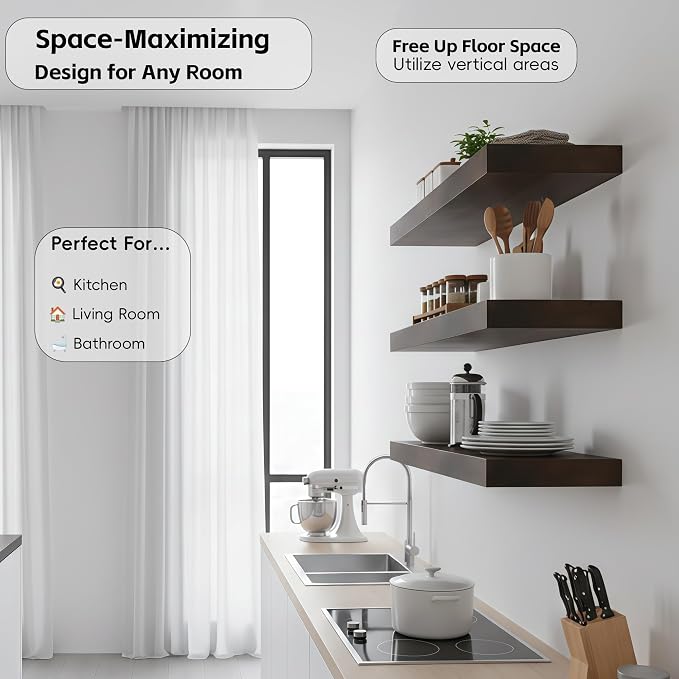 Lufia Floating Wall Shelves, Set of 4, MDF with Invisible Brackets, Modern Storage for Bedroom, Bathroom, Living Room, Kitchen (Rustic Brown, 15.8" W x 5.5" D x 1.2" H (4 Pieces))