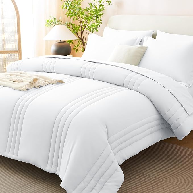 CozyLux King Comforter Set - 7 Pieces Bed in a Bag White Comforter Set with Sheets Luxury Bed Set All Seasons, Soft Bedding Set with Down Alternative Comforter, Sheets, Pillowcases & Shams