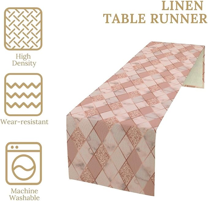 Marble Table Runner,Pink Gold Geometric Diagonal Marble Pattern Table Runner for Coffee Table Dining Room Table Bedroom Party Holiday Decor 13x90inch