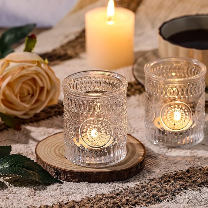 DARJEN 12PCS Clear Votive Candle Holders - Glass Candle Holder for Tea Light Candle, Embossed Tealight Candle Holder for Wedding Centerpiece, Living Room & Home Table Decor