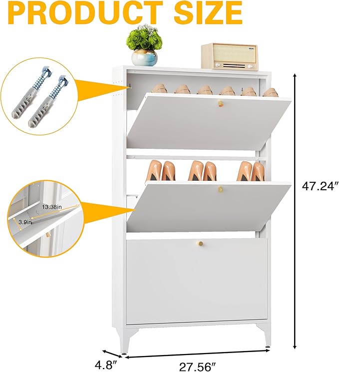 Shoe Storage Cabinet with 3 Flip Drawers, Freestanding Hidden Slim Narrow Shoe Rack Cabinet for Entryway, Metal Modern Shoe Cabinets for Foyer, Front Door,Living Room,Hallway, White