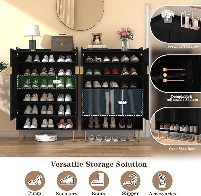 HLR Shoe Storage Cabinet with Doors, 6-Tiers Modern Entryway Shoe Cabinet, Shoes Rack with Adjustable Shelves, Wood Shoe Organizer for Front Door Entrance, Living Room, Black