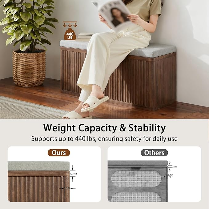 Entryway Shoe Storage Bench with 2" Cushion, 37.4" Small Bench with Shoe Rack, Cabinet Organizer for Hallway, Bedroom End of Bed (Walnut)