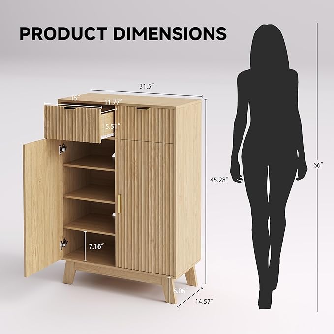 Fluted Shoe Cabinet, 4-Tier Mid Century Modern Narrow Shoe Storage Cabinet with Doors & 2 Drawers, Adjustable Shelves, Freestanding Hidden Shoe Rack Organizer & Wooden Legs for Entryway