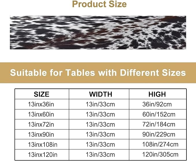 Cow Print Table Runner,Farmhouse Western White Black Cowhide Pattern Table Runner for Coffee Table Dining Room Table Bedroom Party Holiday Decor 13x72inch