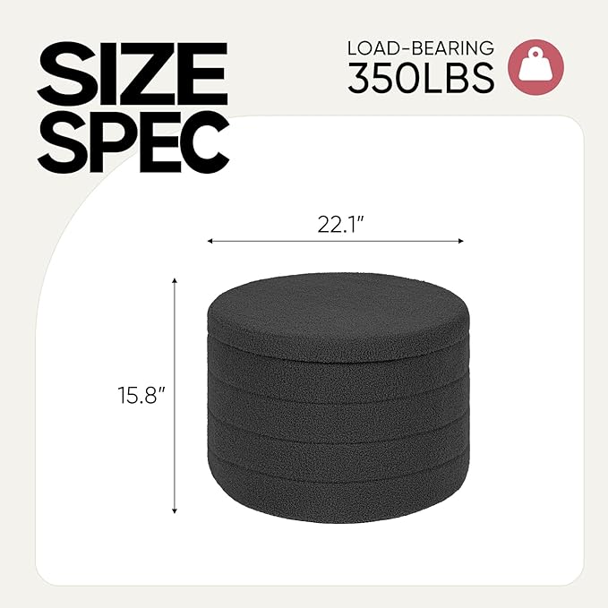 22" Round Storage Ottoman,Boucle Sherpa Ottoman with Tray, Faux Teddy Foot Rest Coffee Table for Bedroom Dorm Living Room,Dark Grey
