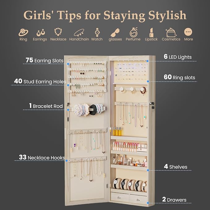 Sweetcrispy Jewelry Organizers and Storage, Wall/Door Mounted Jewelry Armoire with Mirror, 47.2" Tall Mirror with Storage, Automatic 6 LED Lights, Lockable, 2 Drawers, Khaki