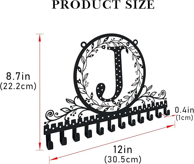 Wall-Mounted Metal Initial Letter J Earring Holder Hanging Jewelry Organizer for Earrings and Necklaces Space-Saving Wall Display with Hooks for Jewelry Storage