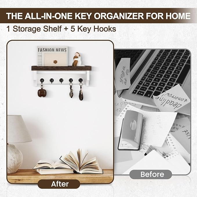 Key and Mail Holder Wall Mount, Key Holder with Shelf and Mail Organizer Wall Mount. Mail Holder with 5 Hooks for Coat, Dog Leash, Home Decor Rack, Entry Way Organizer (Brown & White)