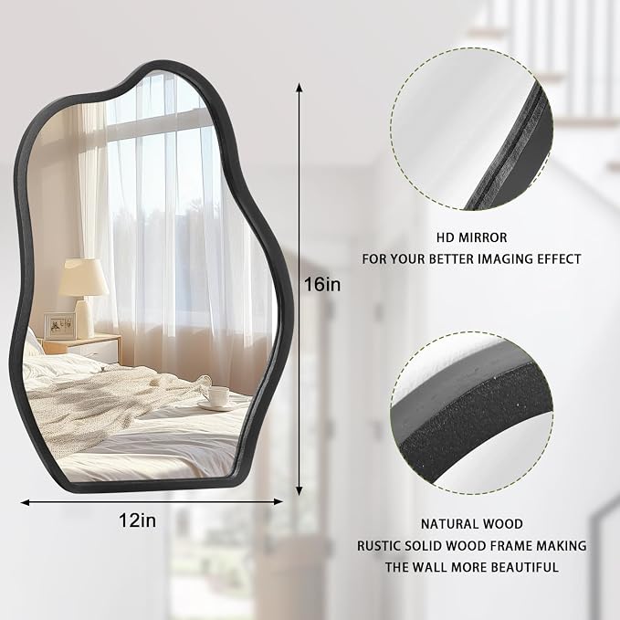 Irregular Asymmetrical Mirror Small Wooden Framed Wall Mirror Modern Cloud Hanging Artistic Mirror Decor for Bathroom Vanity Bedroom Living Room Entryway Hallway 16"x12"
