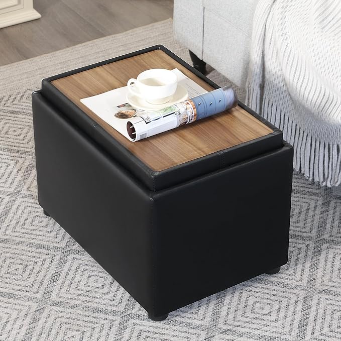 Adeco 22 Inches Storage Ottoman Bench, Non-Folding End of Bed Foot Rest Stools Ottoman with Thicker Foam Padded Seat, Upholstered Storage Chest for Living Room, Entryway, Bedroom
