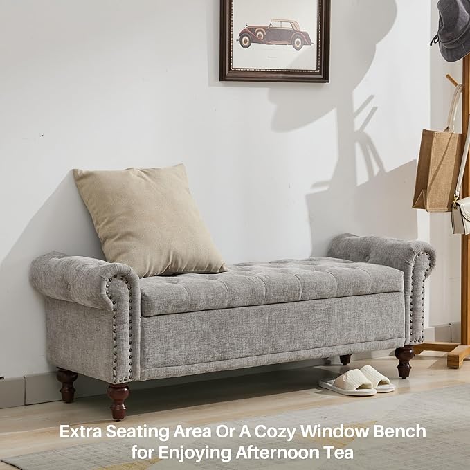 SOFTHION 58.1" Storage Bench Upholstered Chenille End of Bedroom Bed Bench Ottoman with Tufted Cushioned Rolled Arm Large Storage Space for Reading Living Room Entryway, Light Grey