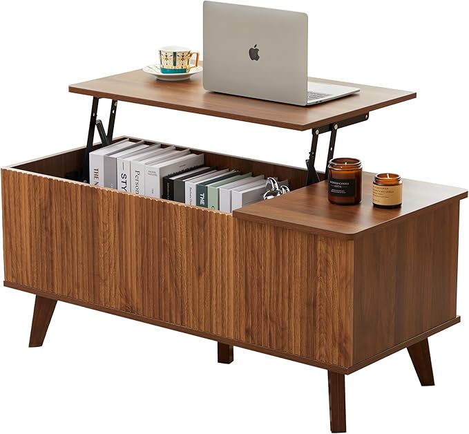 Mid Century Modern Lift Top Coffee Table with Storage for Living Room, Bedroom, Rectangle Low Fluted Coffee Table with Drawers, Contemporary Pop Up Cofee Table Convertible Rising (Walnut)