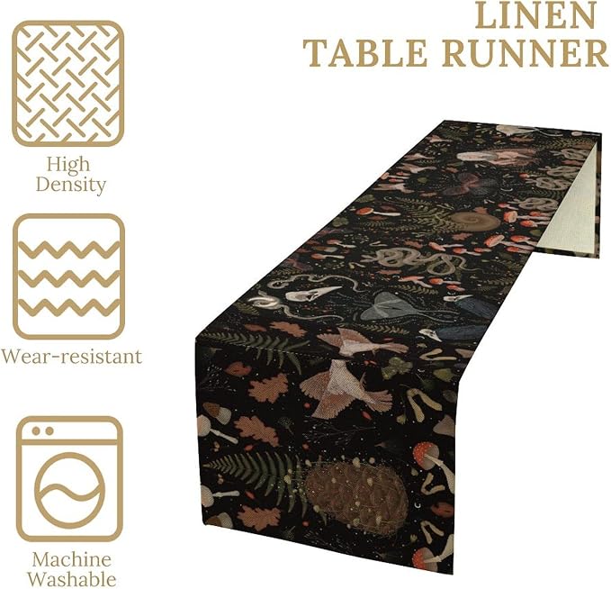 Retro Gothic Table Runner Halloween Crow Moth Fantasy Bird Snake Floral Mushroom Country Abstract Kitchen Dining Table Decoration for Living Room Holiday Outdoor Home Party 13x60in