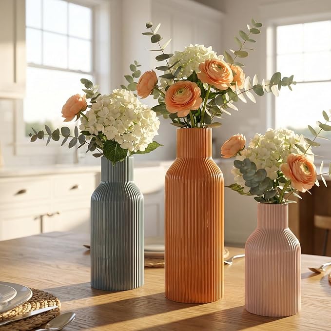 Colorful Ceramic Vases Set of 3, Smooth Round 3D Vertical Ribbed,Minimalist for Pampas Grass &Fresh Flowers, Centerpiece for Living Room, Shelf, Entryway, Wedding(Pink, Blue, Orange)