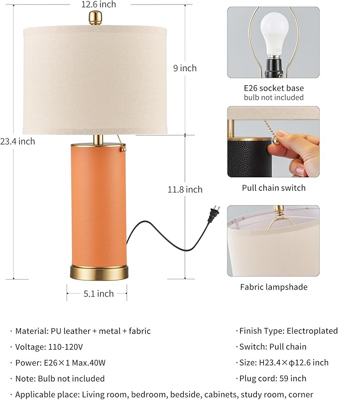 KDG 23.4" Orange PU Leather Table Lamps for Living Room Set of 2, E26 Socket LED Modern Home Decor Fabric Lampshade Desk Lamp Lighitng for Bedroom, Bedside, Farmhouse, Nightstand, Night Light