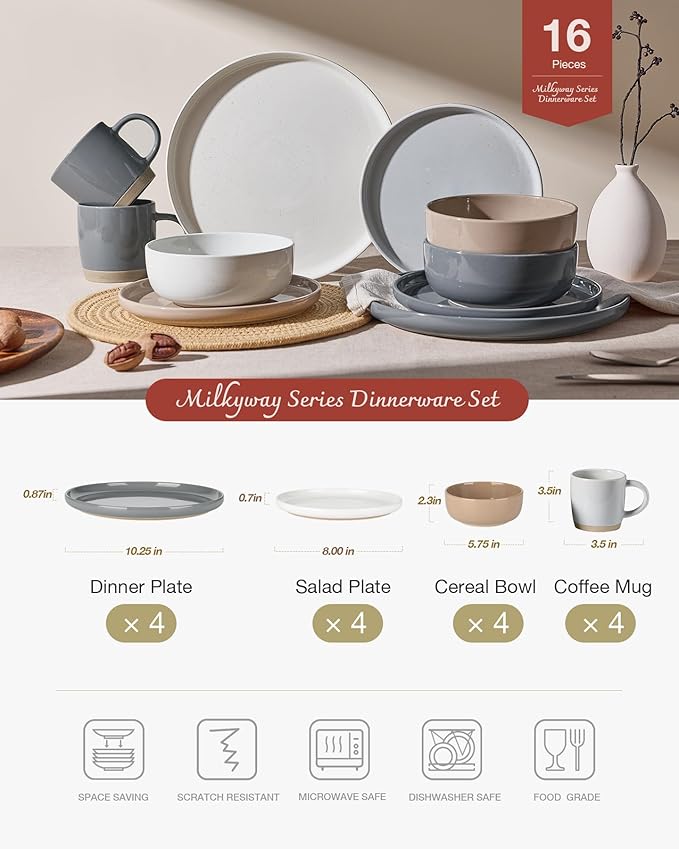 Famiware Milkyway Stoneware Dinnerware Sets with Mugs, Service for 4 (16pcs), Plates and Bowls Sets, Scratch Resistant, Microwave and Dishwasher Safe Dishes Set, Multi-color