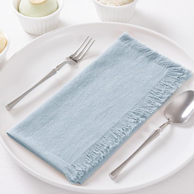DeZerlor 12 Pack Grey- Blue Cotton Linen Napkins with Fringe Summer Cloth Napkins Set of 12 Boho Handmade Dinner Napkins Bulk for Wedding Bridal Baby Shower Parties, 17 x 17 Inches