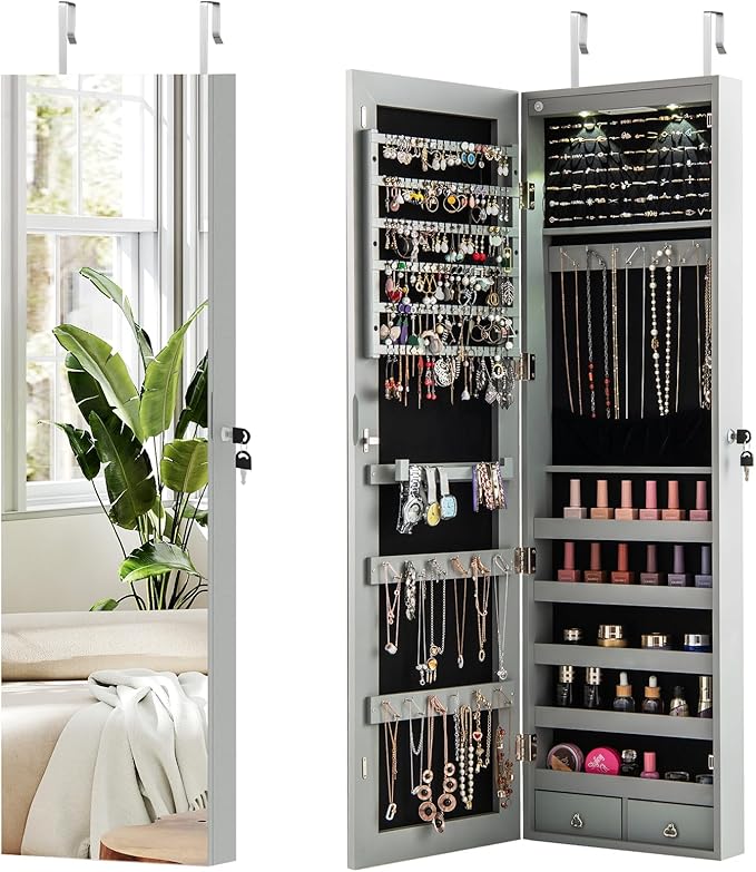 GOFLAME Jewelry Cabinet Wall Door Mounted, 47.5” Frameless Full Length Mirror with Storage & LED Lights, Lockable Jewelry Armoire Organizer for Women, Girls, Gray