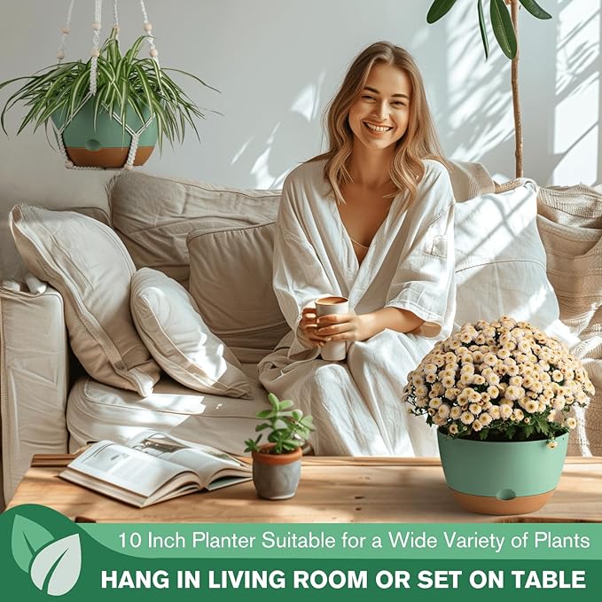 Set of 2-10 Inch Hanging Planters for Indoor Plants with Self-Watering Includes Hanging Pots for Plants, Outdoor Hanging Plant Pot with Drainage, and 2 Types of Baskets Hangers (Green, 10inch)