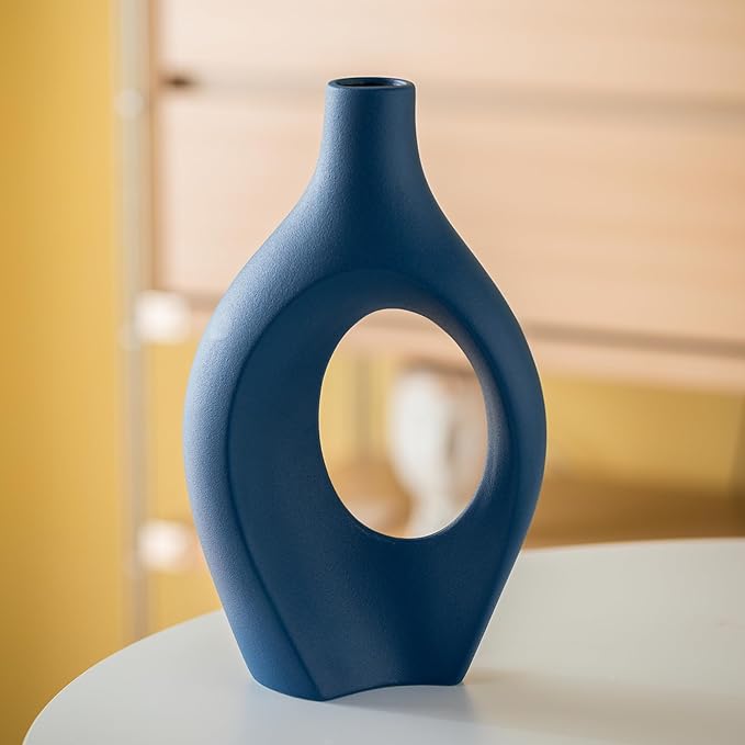 Lvases Snuggle Hollow Ceramic Vase Set of 2, 11Inch Nordic Modern Boho ins Style Decorative Ceramic Aesthetic Flower Vases for Home Decor Living Room Shelf Table Decorative (Matte Navy Blue)