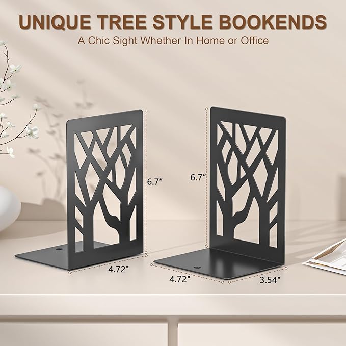 VFINE 2-Piece Modern Metal Bookends for Shelves, Black Tree Book Ends for Books, Decorative Book Organizer for Desk, Non-Skid Shelve Bookends for Home Office