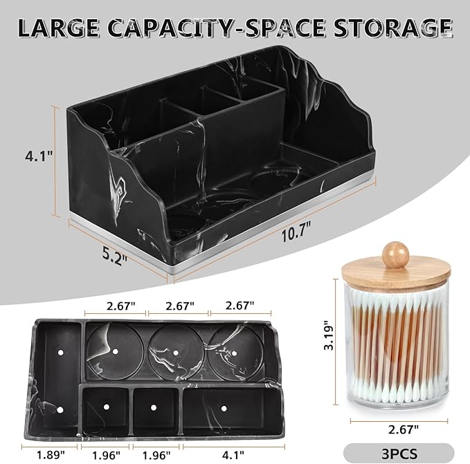 TuCao Marble Bathroom Countertop Organizer, Toothbrush Holders for Bathroom with 3PCS Qtip Holder Dispenser and Toothpaste Holder Drainage for Bathroom Accessories Organization Counter Vanity Storage